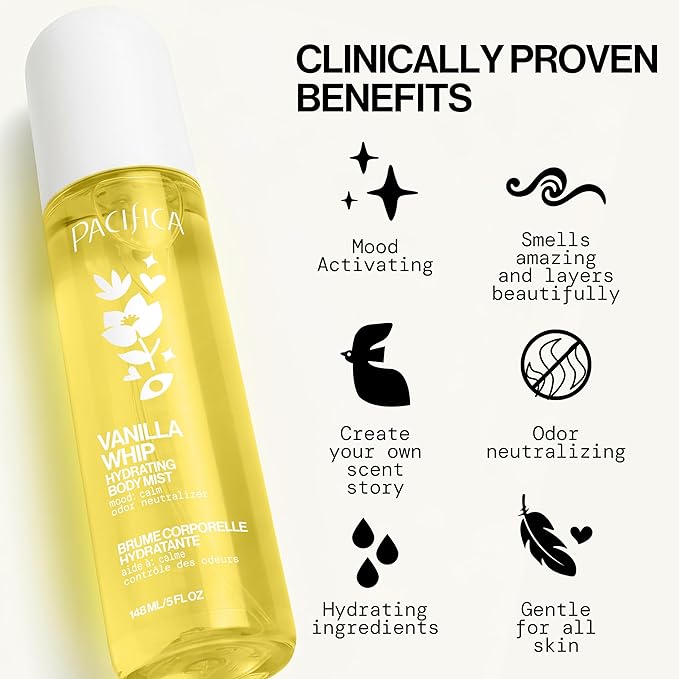 Pacifica Vanilla Whip Body Mist, 5 oz (148 mL), Vegan & Cruelty-Free, Mood-Activating Fragrance Spray, Odor Neutralizing, Skin Hydrating, Phthalate-Free
