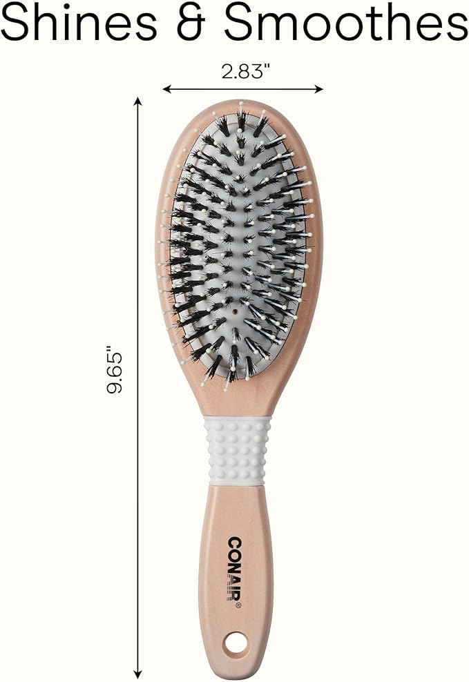 CONAIR Ceramic Wood Nylon & Boar Bristle Cushion Hair Brush, hairbrush for women, reduce frizz and add shine, natural wood handle, for all hair types