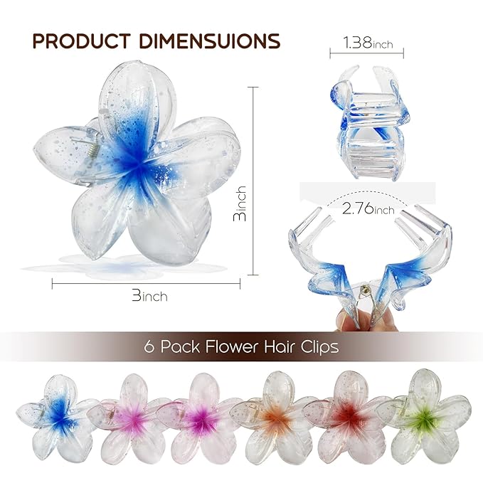 Hawaiian Flower Hair Clips for Women, Tropical Plumeria Hibiscus Claw Clips for Thick/Thin Hair, Non-Slip Large Hair Claws for Women Girls, Beach Vacation Hair Accessories 6 Pcs