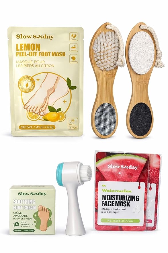 Self Care Spa Kit for Women – Foot Peel Mask, Facial Masks, Foot Cream, Exfoliating Brush Set