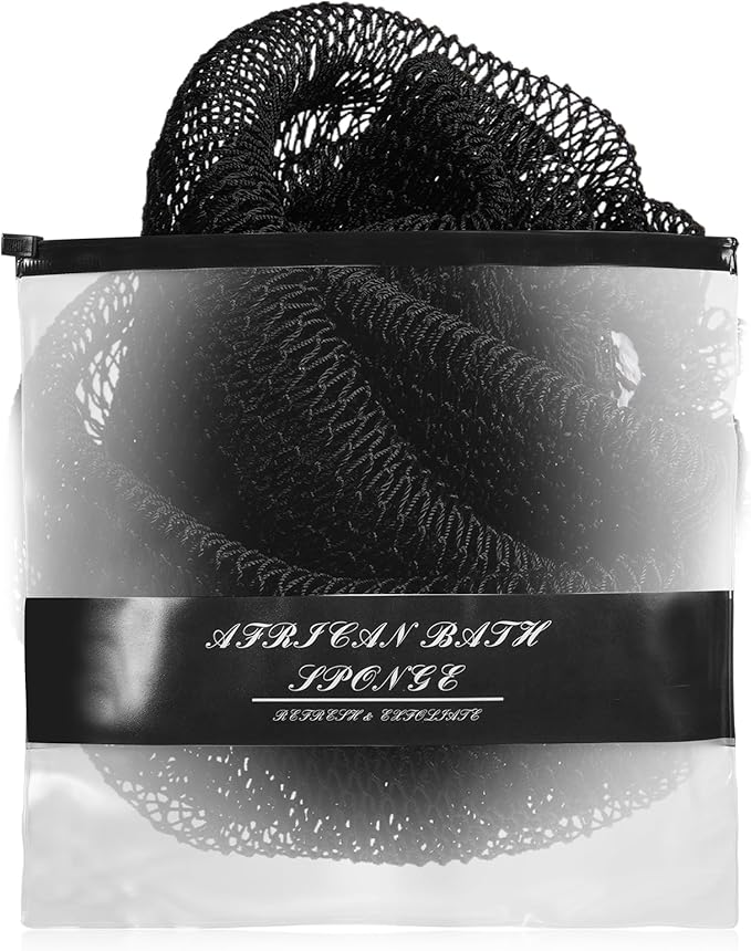 African Net Sponge Authentic for Exfoliating - Extra Knots for Deep Cleansing & Back Scrubbing - Body Scrubber Washcloth for Women & Men - Daily Shower Exfoliator for Smooth, Glowing Skin(Black)