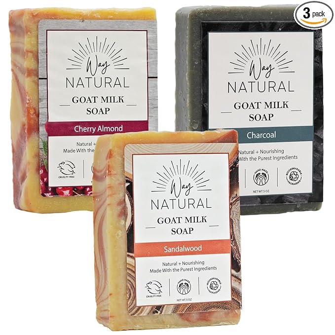 Goat Milk Soap Bar (Variety 3 Pack) - Natural Bar Soap for Men & Women - Handmade w/Real Milk, Hands/Body - Premium, Gentle, No Dyes - (Large, 5oz) Sandalwood, Cherry Almond, Charcoal