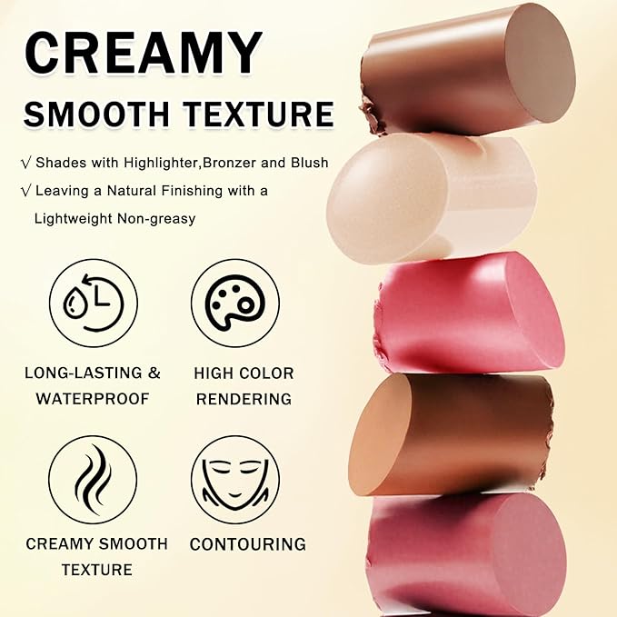 IONSGAKO 6 Colors Cream Contour Stick Makeup Kit, Double-ended Cream Highlighter Stick Bronzer and Blush Stick for Sculpt the Cheeks, Matte & Dewy Finish, Face Contour Kit for Beginners, Set C