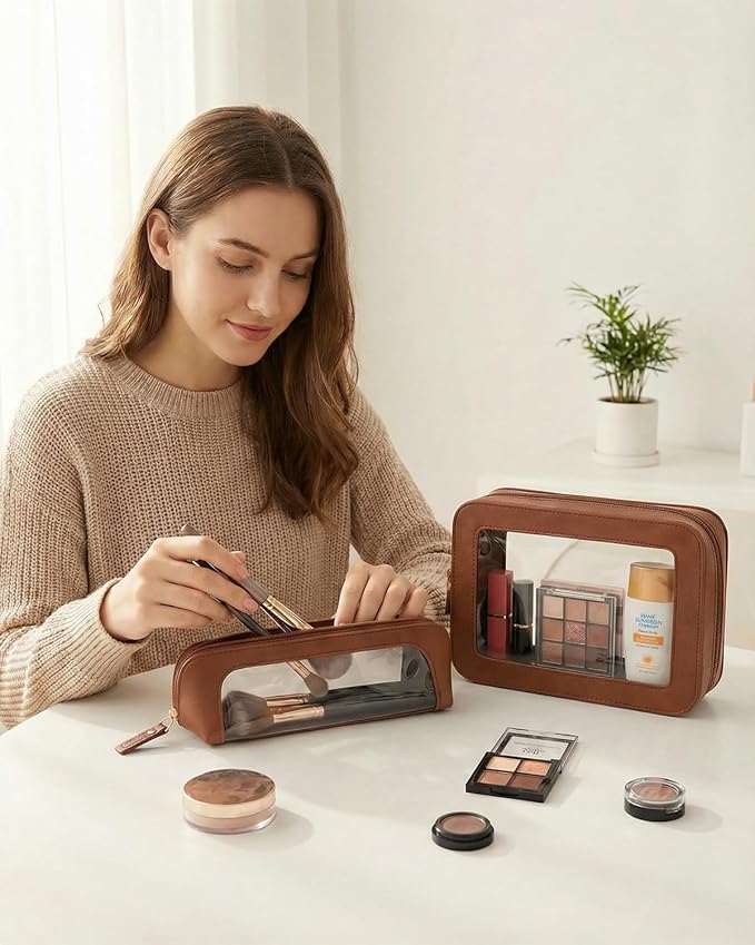 Clear Makeup Bag,PU Leather Mini Makeup Pouch Portable Makeup Brush Case Transparent Waterproof Cosmetic Organizer Pouch with Zipper for Women Home Travel Office Car Organizer and Storage(Slim, Brown)