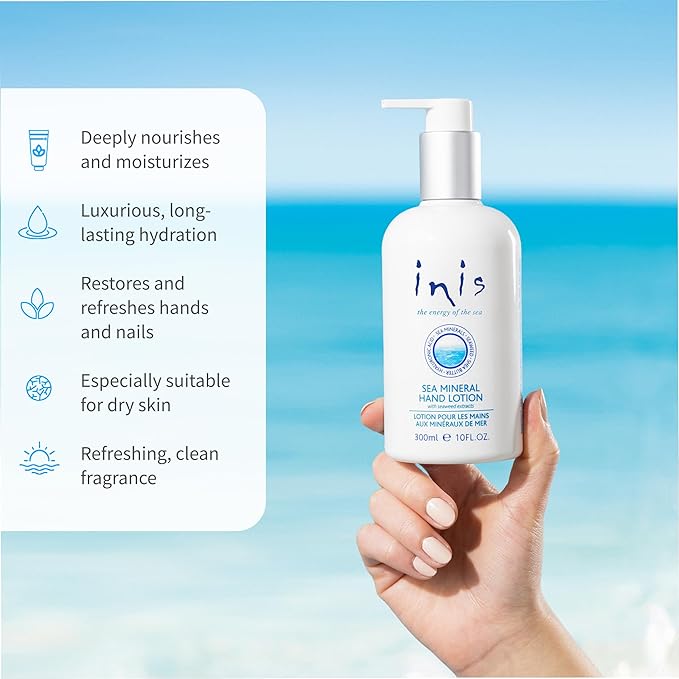 Inis the Energy of the Sea - Sea Mineral Hand Lotion for Women and Men, Lightweight Sink Side Hand Moisturizer with Seaweed, Shea Butter and Hyaluronic Acid, Clean Ocean Fresh Scent, 10 fl oz