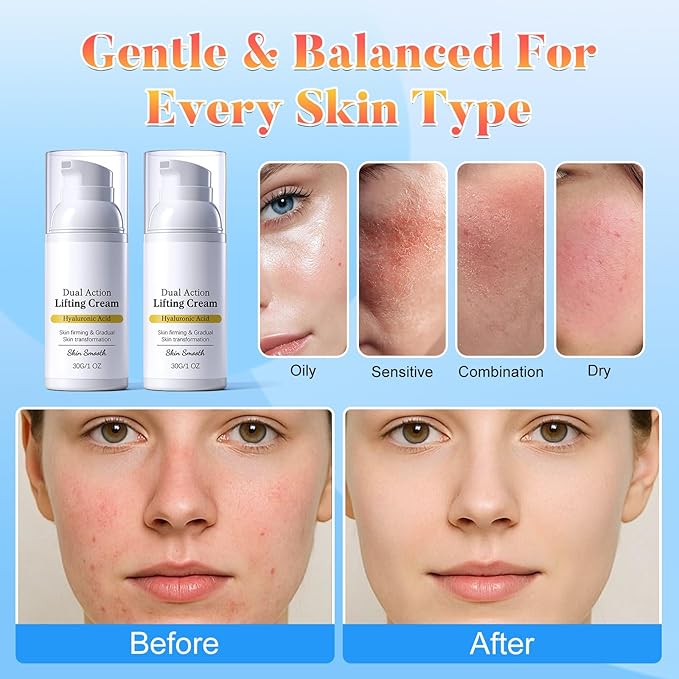 2 Pcs Dual Action Lifting Cream - Instant Firming with Peptides & Hyaluronic Acid, Hydrating Moisturizer, All Skin Types
