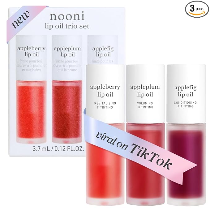 NOONI Korean Lip Oil Set - Appleberry, Appleplum & Applefig - Long-Lasting, Moisturizing, Revitalizing - Waterproof, No Peel Off, Stocking Stuffers (3EA, 0.12 fl oz)
