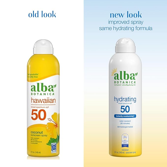Alba Botanica Hydrating Sunscreen Spray, SPF 50 Broad Spectrum Protection, Instantly Moisturizing, Water Resistant (80 minutes), Hypoallergenic, Oxybenzone-Free, 5 Fl. Oz