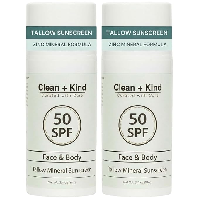 Tallow Sunscreen SPF 50 Twin Bundle — Mineral Body Sunblock, Non-Nano Zinc Oxide, Reef-Safe, 80 Min Water-Resistant Family Pack (Two 3.4 oz)
