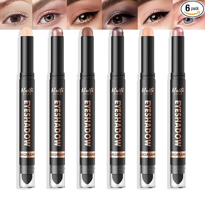 LANGMANNI 6Colors Dual-Ended Cream Eyeshadow Stick Set – Silky Smooth, Waterproof & Transfer-Proof, Built-in Blender Brush, All-Day Matte & Shimmer Wear Eye Makeup(#1+2+3+4+5+6)