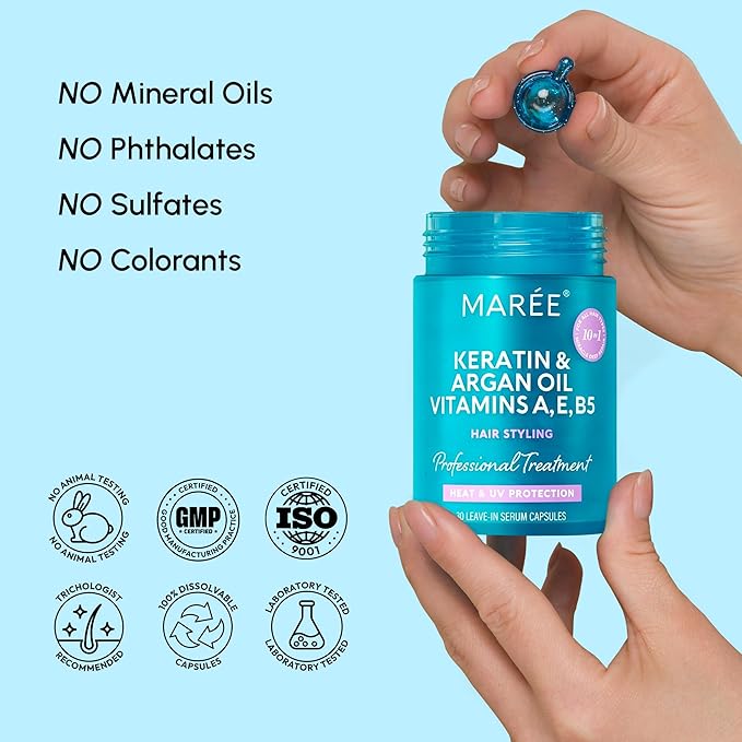 MAREE Hair Serum for Frizzy Dry Hair – Styling Capsules with Keratin, Argan Oil, Vitamins A E B5 – UV & Heat Protectant Frizz Control Serum for Women – Aceite Para el Cabello Treatment | for Frizzy