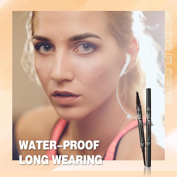 Music Flower Dual-Ended Microfilling Eyebrow Pen, Liquid Eyebrow Pen with 4 Micro Brush-Tip Applicators & Brow Defining Pencil with Precision Tip (Black)