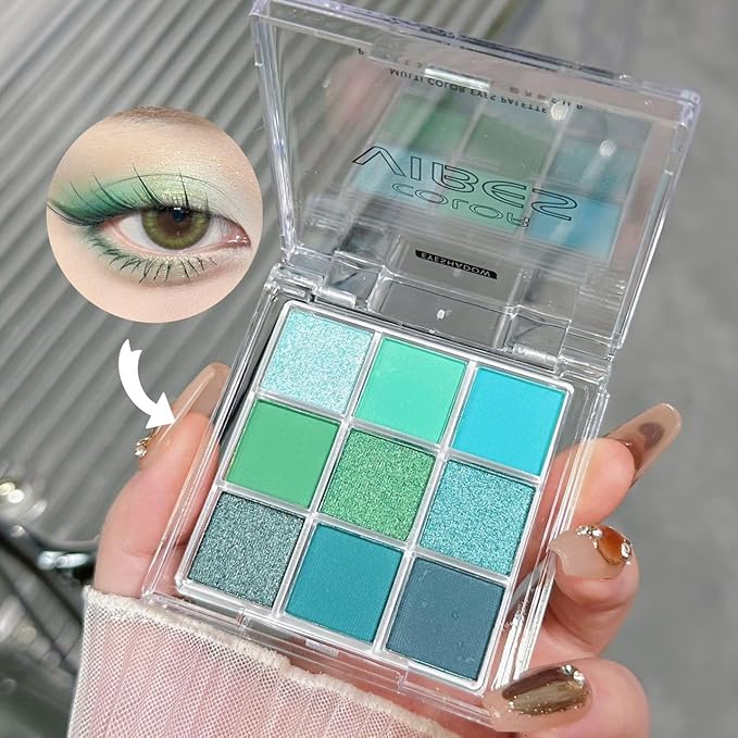 URQT Green Emerald Bloom Eyeshadow Palette – 9 Vibrant Green & Teal Shades Eye Shadow for Mature Skin, High Pigmented Matte & Shimmer Finishes, Long-Lasting Nature Inspired Eye Makeup Palette
