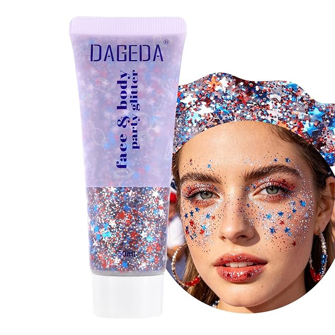 DAGEDA Red White Blue Body Face Glitter, 4th of July Outfits Accessories for Women, Patriotism Face Glitter Makeup, Fourth of July Patriotic Independence Day Hair Accessories Party Costumes（Star）