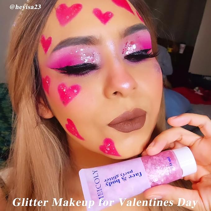 MEICOLY Valentine Pink Face Body Glitter,Holographic Sparkly Hair Glitter,Pink Accessories for Spirit Week,Singer Concerts Lover Heart Halloween Glitter Makeup,Self-adhesive Mermaid Glitter Face Paint