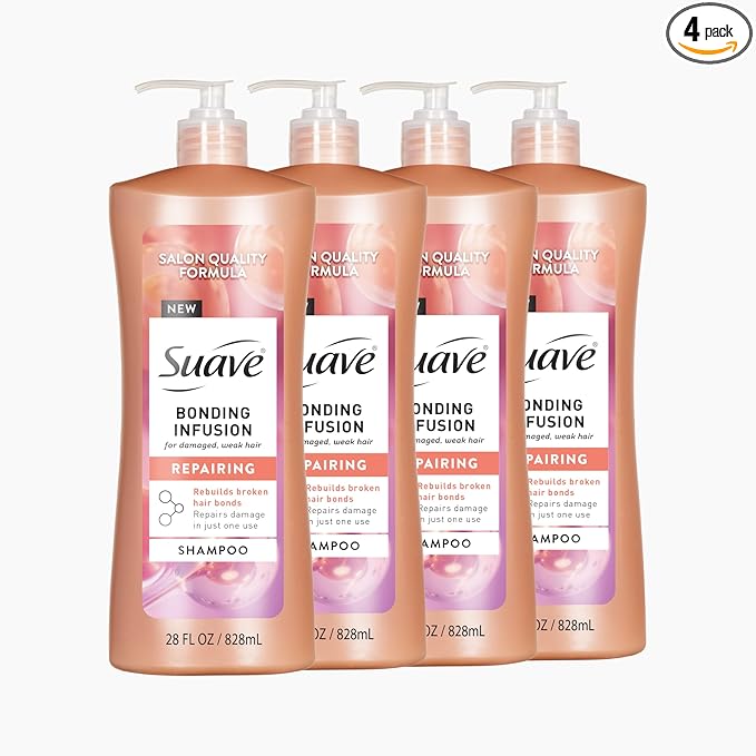 Suave Bonding Infusion Repairing Shampoo, pH Balanced, Infused with Amino Acids and Citric Acid, for Weak or Damaged Hair, 28oz Pump, 4 Pack