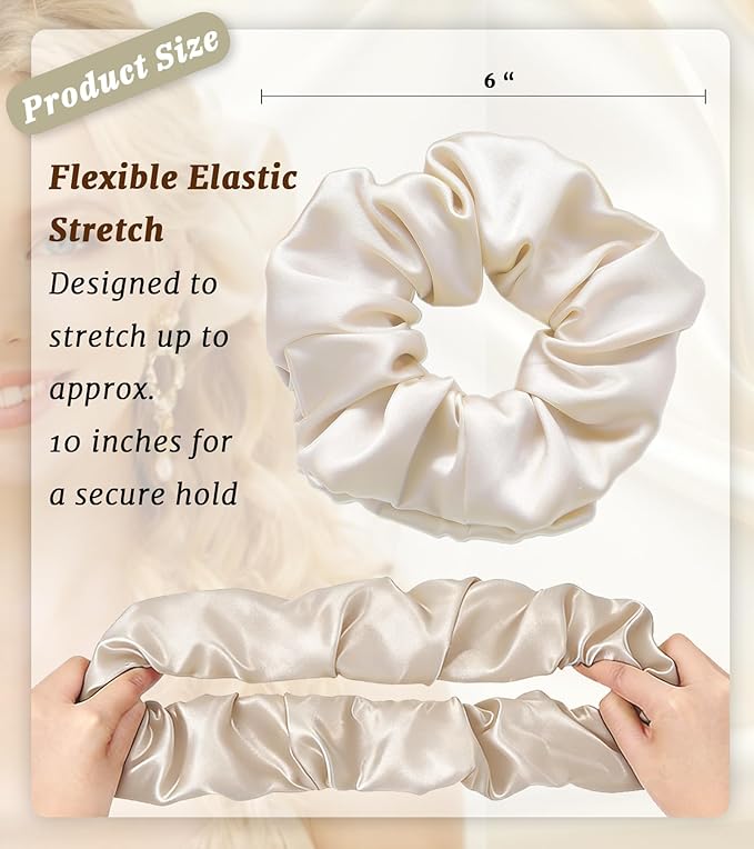 30 Momme 100% Mulberry Silk Scrunchies for Women and Girls, Oversized XL Hair Tie for Sleeping, Soft Smooth for No Damage Hair Care Sleeping (Beige)