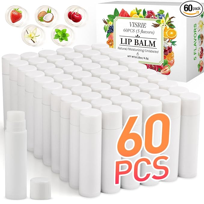 VISRIE 60 Pack Lip Balm Unlabeled, Natural Lip Balm Bulk Blank Tube, Personalized Lip Balms for Party Favors Adults and Bridal Shower Favors or Baby Shower Gifts-5 Flavors