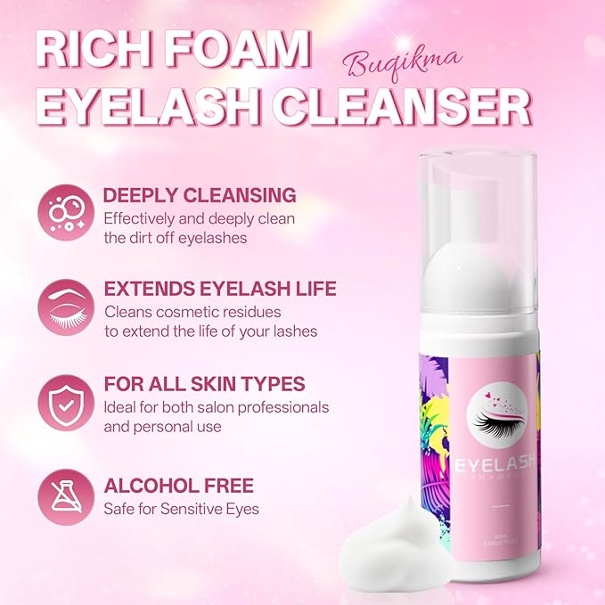 Buqikma Lash Cleaning Kit - Lash Shampoo 60ML with Rechargeable Handheld Fan Dryer, Mascara Brush, Rinse Bottle, Makeup Cleansing Foam for Eyelash Extension Care, Green