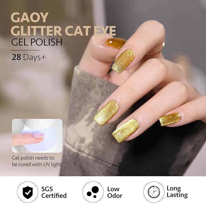 GAOY Gold Glassy Cat Eye Gel Nail Polish, 16ml Glitter Holographic Nail Polish with Magnet, Reflective Translucent UV Gel, 2156 Dazzling Dawn