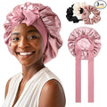 Satin Bonnet for Women - Tie Band Hair Bonnet Large 2 Layered Silk Sleeping Cap Nightcap with 3PCS Hair Scrunchies (Dust Rose)