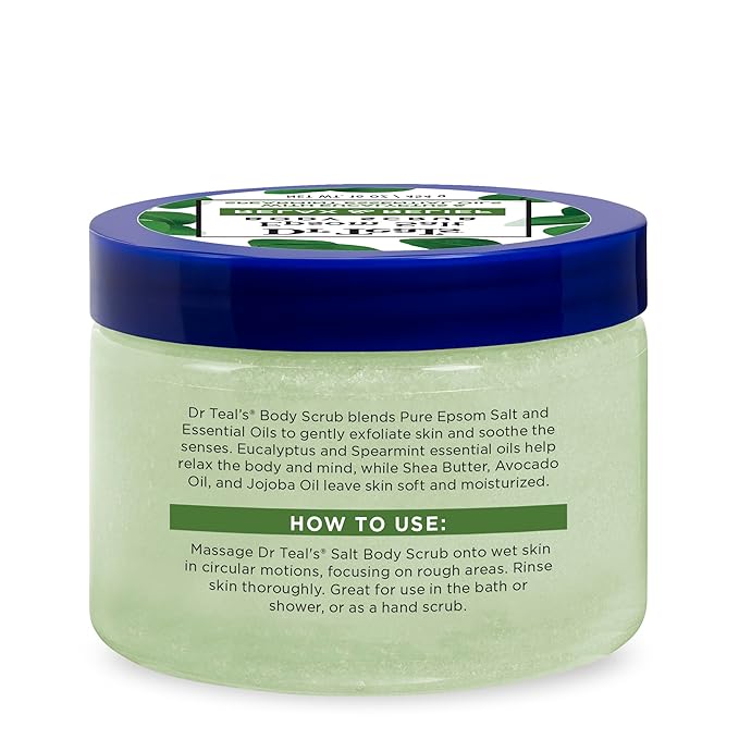 Dr Teal's Pure Epsom Salt Body Scrub, Relax & Relief with Eucalyptus & Spearmint Essential Oils, 16 oz (Pack of 3)