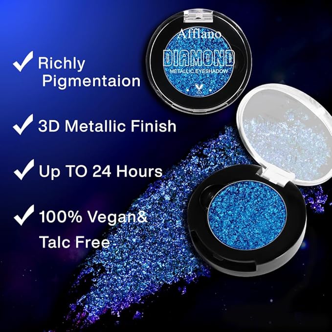 Afflano Sparkly Blue Eyeshadow Single, Long-Lasting Blue Glitter Eyeshadow Rich Pigment, One Swipe Coverage, 12H Wear No Fallout Metallic Shimmery Sapphire Eye Shadow for Women Day, Night Party Makeup