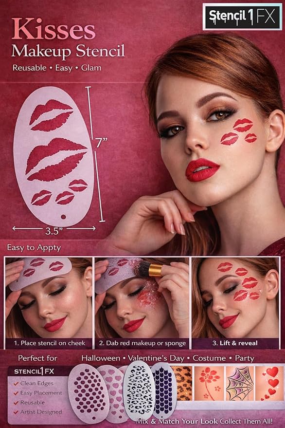 Stencil1FX - Kisses Eye Makeup Stencil for Costumes, Dress Up, Halloween, Cosplay, Face Painting, Raves, Festivals, Parades, Parties, Valentine's Day, Pride, Love