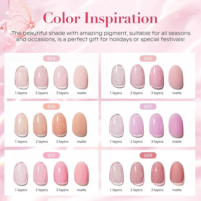 AZUREBEAUTY Dip Powder Nail Kit, 6 Colors Jelly Pink Transparent Nude Hot Pink Peach Dip Dipping Powder Starter Set, French Nail Art Manicure DIY Salon, No Need Nail Lamp Cured Mother's Day Gift