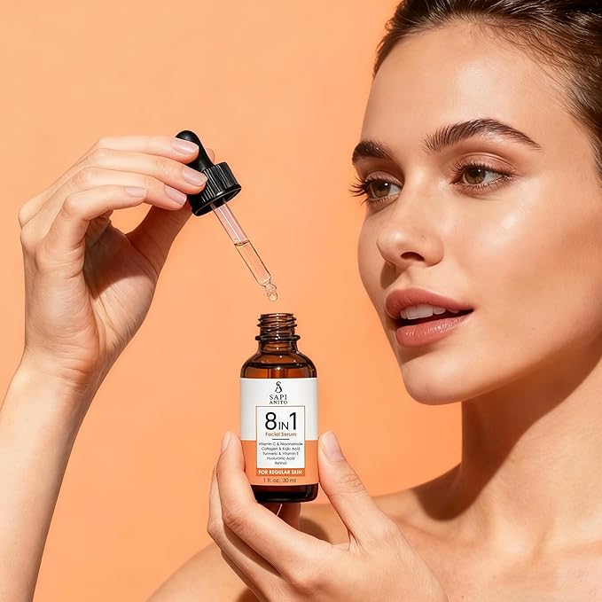 Sapi Anito 8-in-1 Facial Serum for Regular Skin, 1 fl oz (30 ml) – Vitamin C, Niacinamide, Hyaluronic Acid, Retinol, Kojic Acid, Turmeric, Vitamin E & Collagen