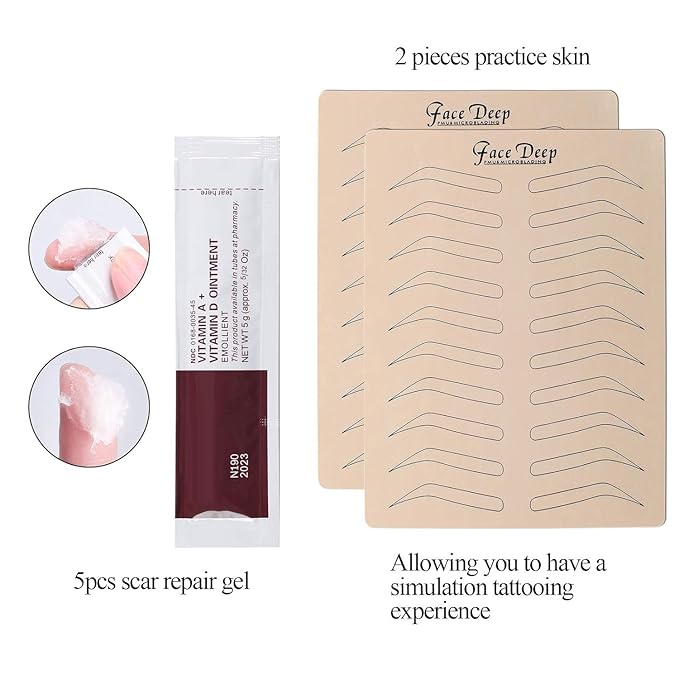 Eyebrow Microblading Kit, Permanent Tattoo Practice Set with Blades, Pigment, Practice Skin, Ruler, Repair Gel, Ring Cup, Finger Gloves, Pencil