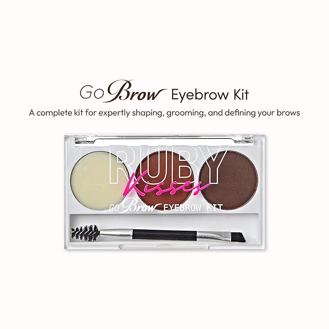 Ruby Kisses Go Brow Eyebrow Kit, Dual Shade Powder & Wax, Includes 3 Stencils, Perfect for Shaping & Defining, Natural Brow Look, Ideal for Sparse Brows