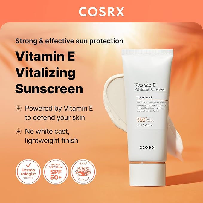 COSRX Vitamin E Vitalizing Sunscreen SPF 50, Natural Glow Face Sunscreen, Lightweight, Non-Sticky, No White Cast, Hydrating, Beach Essentials, Summer Travel Essentials, Korean Skincare,1.69 fl oz