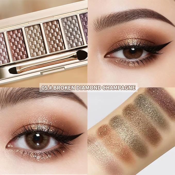 Shimmer & Metallic Eyeshadow Palette, 6 Glitter Shades — Silver Rose, Rose Copper, Antique Gold, Bronze Gold, Silver Diamond & Lavender Plum, High Pigment Long-Lasting Sparkle Eye Makeup 5