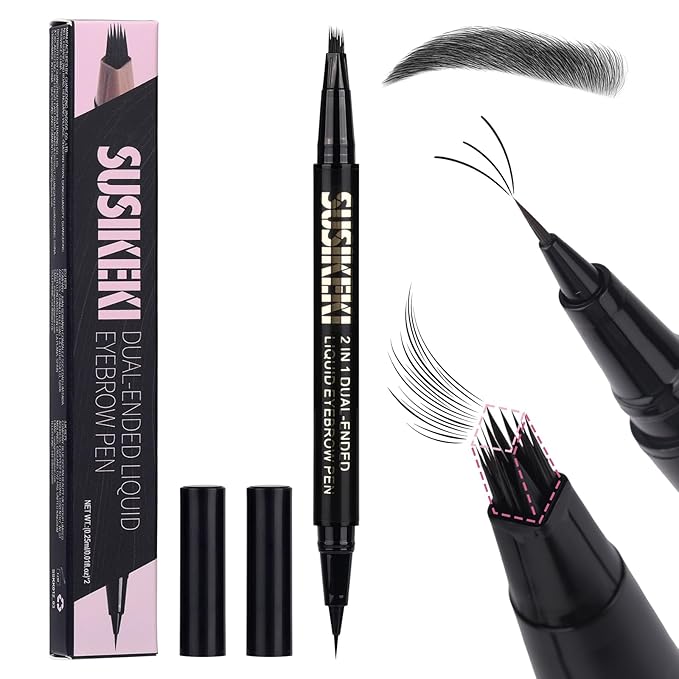 SUSIKEKI Dual Ended Microblading Eyebrow Pen - 2 in 1 Liquid Eyebrow Pencil with Brow-Fection Angled Brush & Precise Detail Brush-Tip, Shapes & Fills HairLike Looking Brows, Lasts All-Day, Soft Black