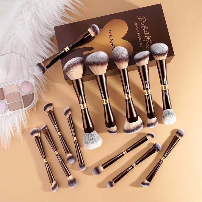MAANGE Makeup Brush Set with Case Double-ended Make up Brushes for Foundation Contour Liquid Powder Concealer Eye Shadows Cream Blush Makeup Tools (Coffee Brown, 13 PCS)