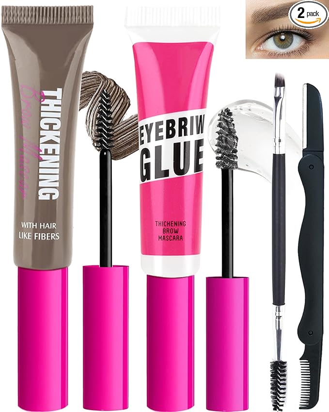 Waterproof Tinted Brow Gel Kit-Brown Thickening Eyebrow Mascara Gel & Clear Setting Brow Glue,Brow Lift Fast Shapping,Long Lasting Eye Makeup for Women,Light Medium Dark Brown With Brow Tool-Set 05