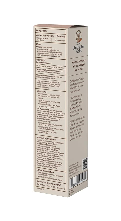 Australian Gold SPF 50 Tinted Mineral Face Sunscreen, Fair to Light, 2.5 fl oz, Broad Spectrum, Non-Greasy BB Cream with Blue Light & Sun Protection, 4% Zinc Oxide & Titanium Dioxide, Hypoallergenic