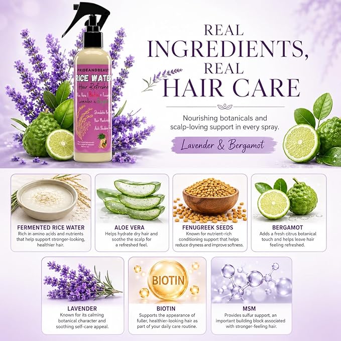 NEW Fermented Rice Water for Hair Growth - Infused with Rosemary, Biotin, Caffeine, Keratin Vegan Non-Greasy Spray Naturally Thicker, Longer, Softer Men & Women (4 OUNCES, Lavender Bergamot)