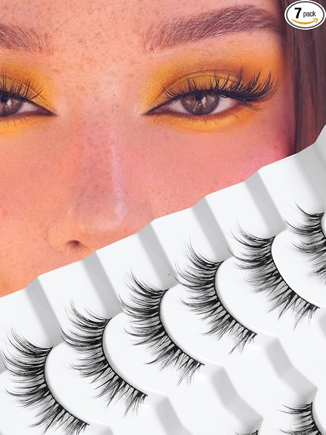 Manga Lashes Wispy False Eyelashes Natural Look 14mm Cat Eyelashes Anime Lashes 0.1mm Thin Band Manhua Lash Strips 3D Volume Strip Lash Pack C Curl Eyelash 7 Pair Siligli