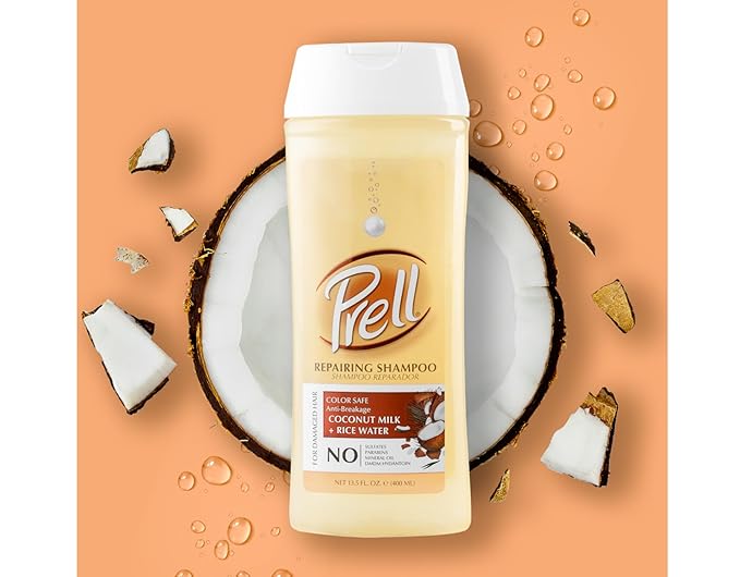 Prell Coconut Milk + Rice Watercolor Safe Anti-Breakage Repairing Shampoo for Damaged Hair, 13.5 fl.oz