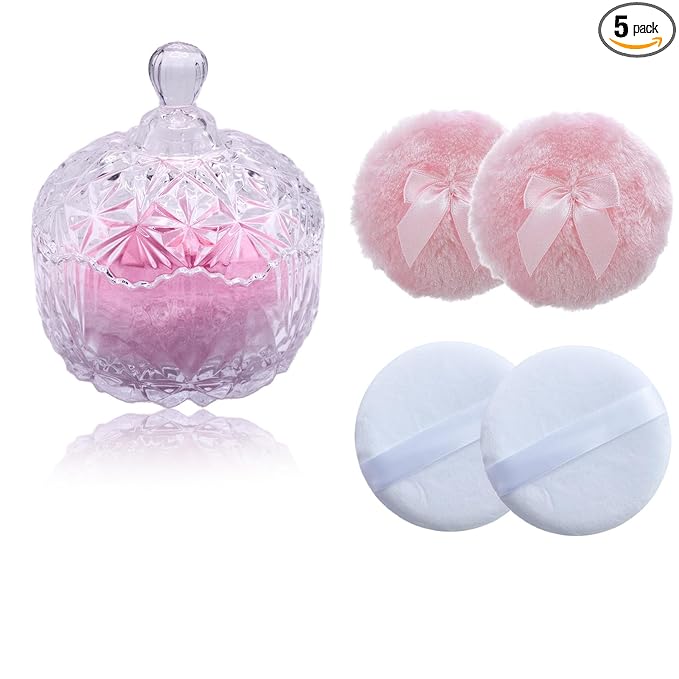 5 Pieces Large Body Powder Puff and Powder Container, Crystal Case for Dust Puff, Powder applicator with Box for Face and Body (Clear, Crown)