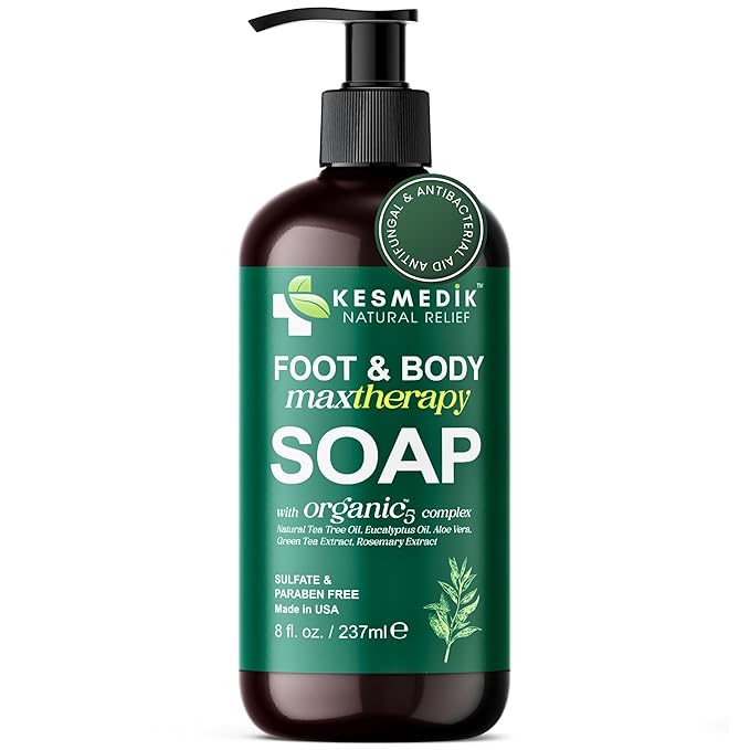 KESMEDIK Tea Tree Oil Soap Body Wash with Peppermint for Foot & Body, Antifungal & Antibacterial Support Cleanser, Helps Soothe Ringworm, Athlete’s Foot, Jock Itch, Acne & Body Odors