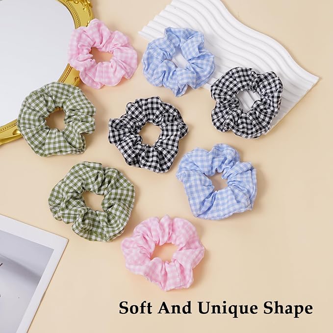 Satin Scrunchies for Women – 8PCS Plaid Mix (Light Blue, Black & White, Pink, Dark Green) Silk Hair Ties – No Crease, Frizz-Free, Retro & Chic Hair Bands for Thick & Thin Hair, Trendy Hair Accessories