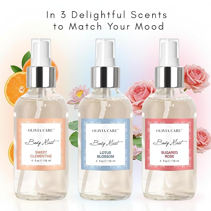 Olivia Care Body Mist Trio, 3 Scents: Lotus Blossom, Sugared Rose, Sweet Clementine (3 Bottles Total (1 of Each Scent))