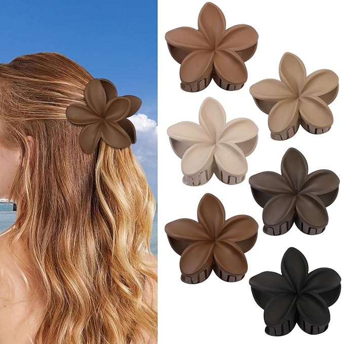 CHANDAT Flower Hair Clips 6 PCS Hawaiian Claw Clips for Vacation Hibiscus Hair Claw Cute Large Hair Clips for Thick and Thin Hair Plumeria Hair Accessories for Women Girls -Coffee