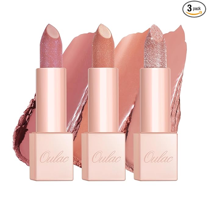 Oulac Moisture Shine Lipstick Set 3PCS - Infinity High Shine Finish, Hydrating Vegan Lipstick Infused with Damask Rose Oil for All-Day Comfort, Gluten-Free, PG05+PG07+PG12