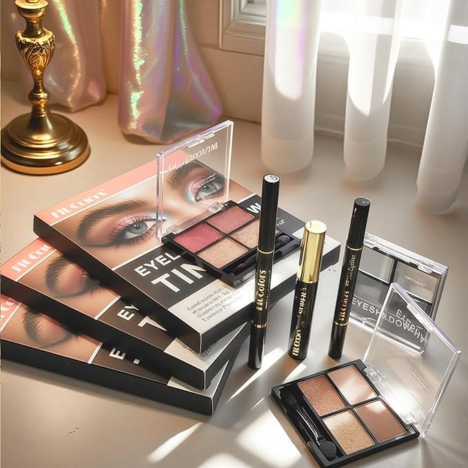 4-in-1 Eye Makeup Kit 4 Colors Eyeshadow Palette Black Liqiud Eyeliner with Stamp and Double-headed Brown Eyebrow Pencil Set for Women Beginners Gift (01)