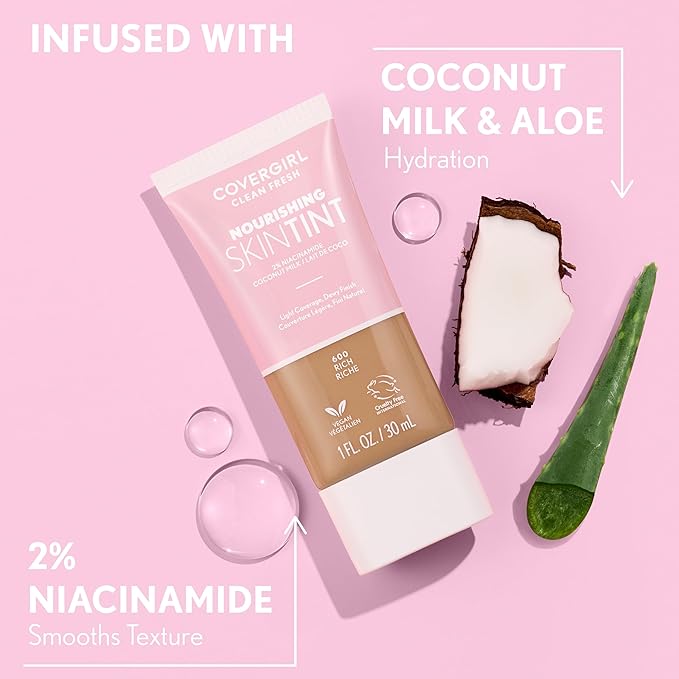 COVERGIRL Clean Fresh Nourishing Skin Tint, 630 Deep/Dark, Liquid Foundation, Dewy Finish, Infused with Coconut & Aloe, Vegan Formula