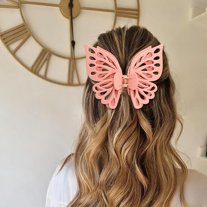 3 Pcs Large Matte Butterfly Hair Clips, Strong Hold Non-Slip Hollow Hair Clips Made to Manage Thick Hair, Multi-Color Barrettes for Women & Girls (Pink, White, Blue)